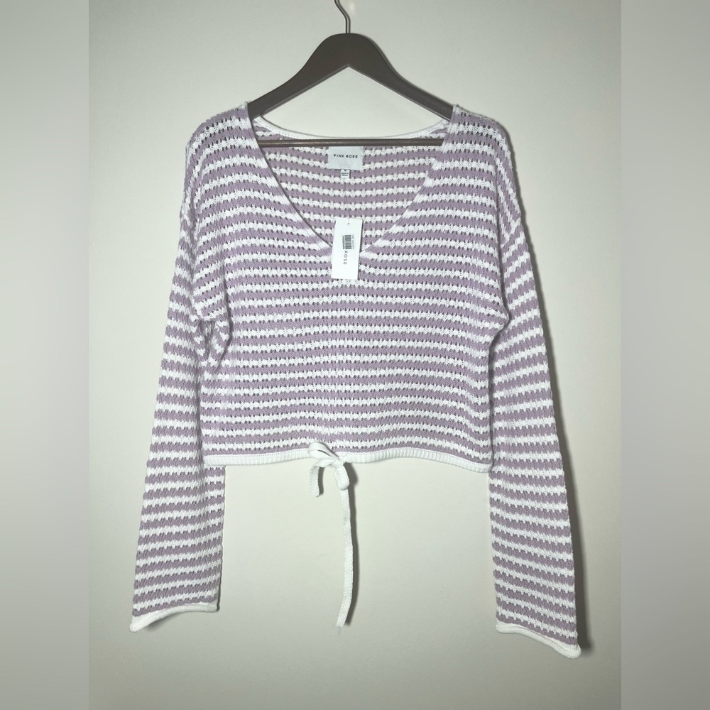 PINK ROSE NWT White Purple Crochet Cropped‎ Knit Sweater | Medium